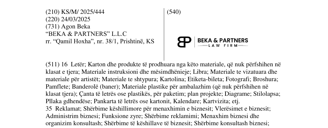 Zëri i markës BP BEKA & PARTNERS LAW FIRM në buletin