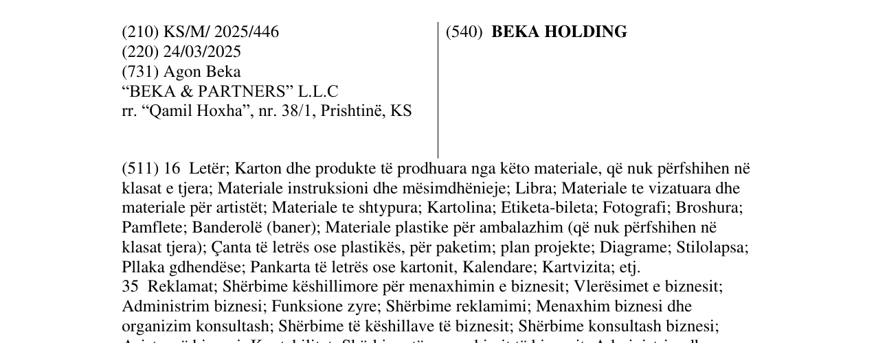 Zëri i markës BEKA HOLDING në buletin