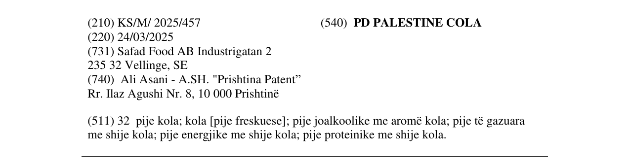 Zëri i markës PD PALESTINE COLA në buletin