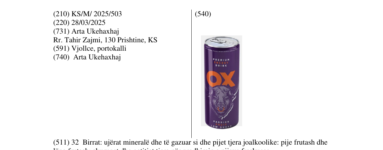 Zëri i markës PREMIUM ENERGY DRINK OX PASSION FRUIT LOW SUGAR në buletin
