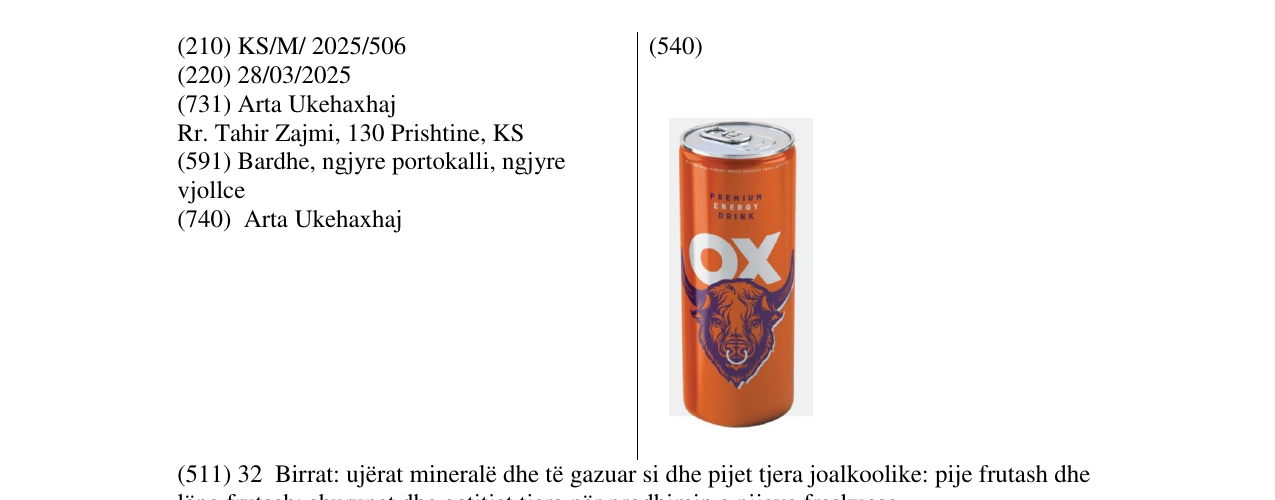 Zëri i markës PREMIUM ENERGY DRINK OX në buletin