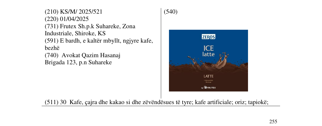 Zëri i markës ICE latte në buletin