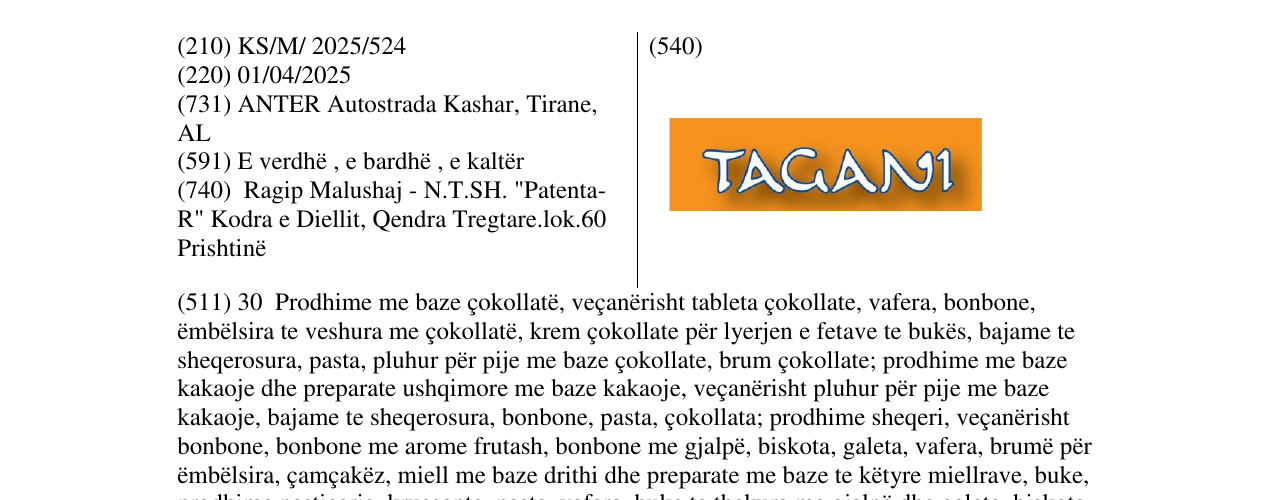 Zëri i markës TAGANI në buletin
