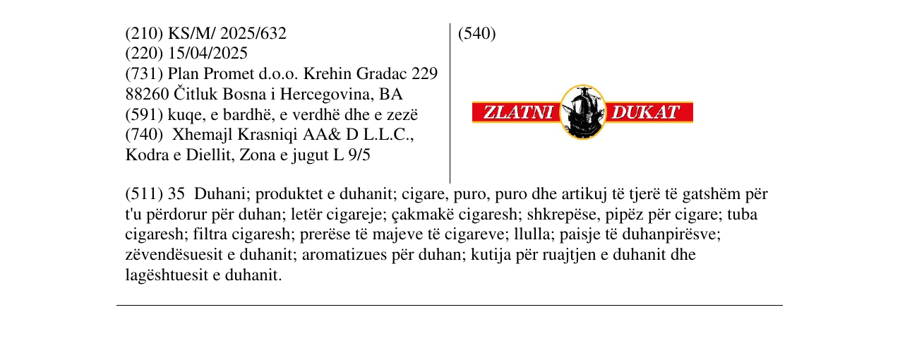 Zëri i markës ZLATNI DUKAT në buletin