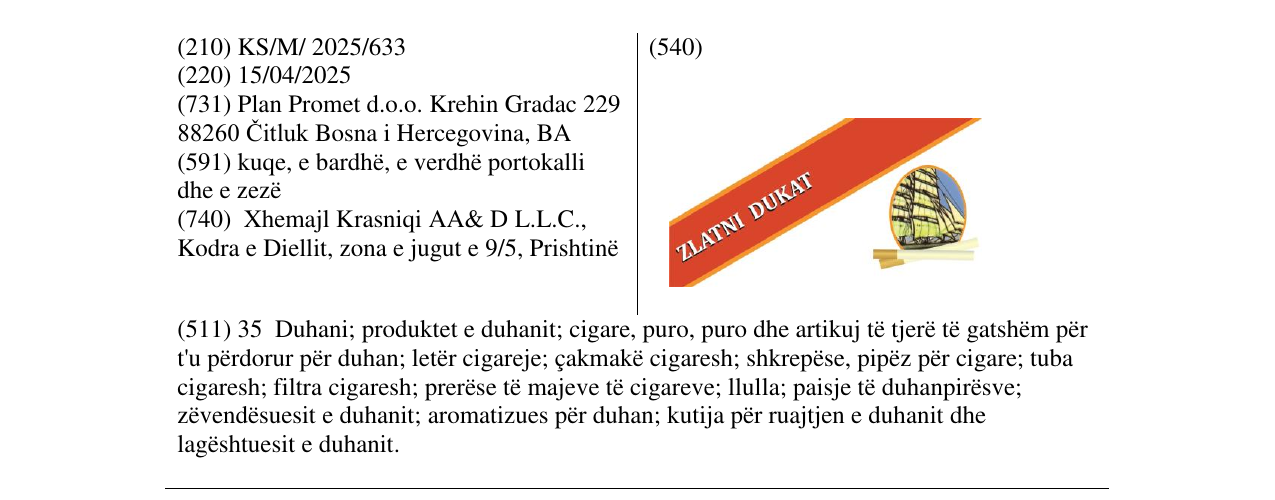 Zëri i markës ZLATNI DUKAT në buletin