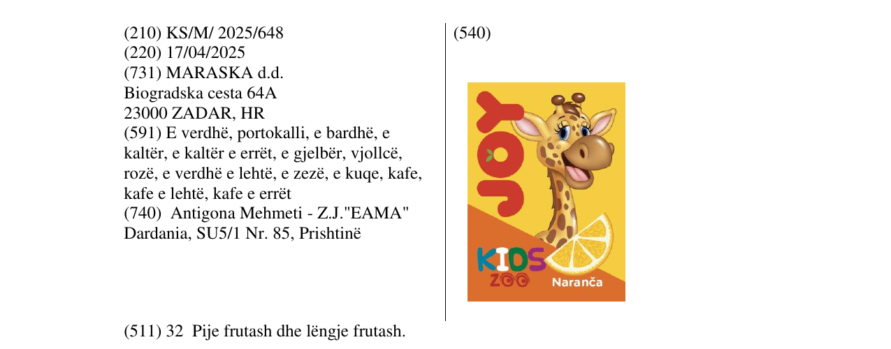 Zëri i markës JOY KIDS ZOO Naranca në buletin