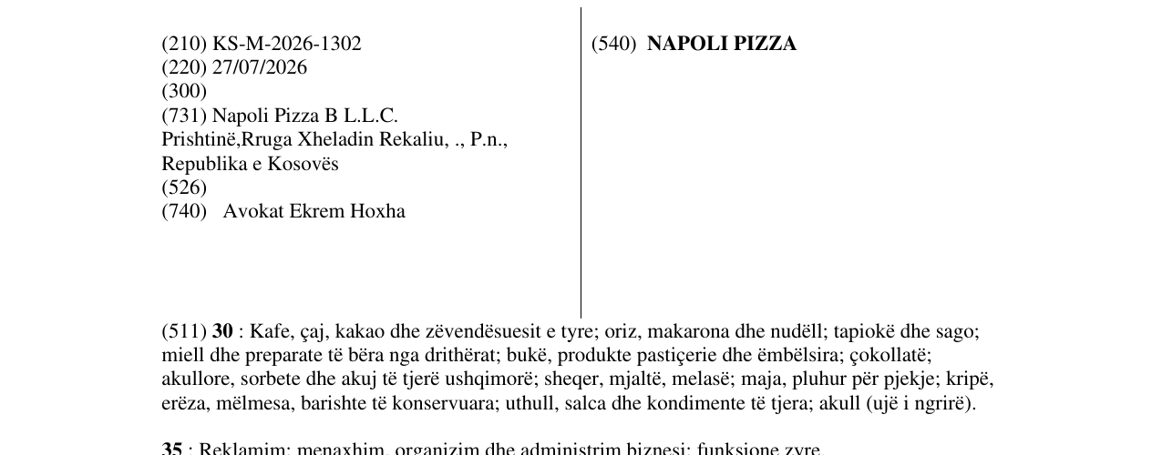 Zëri i markës NAPOLI PIZZA në buletin