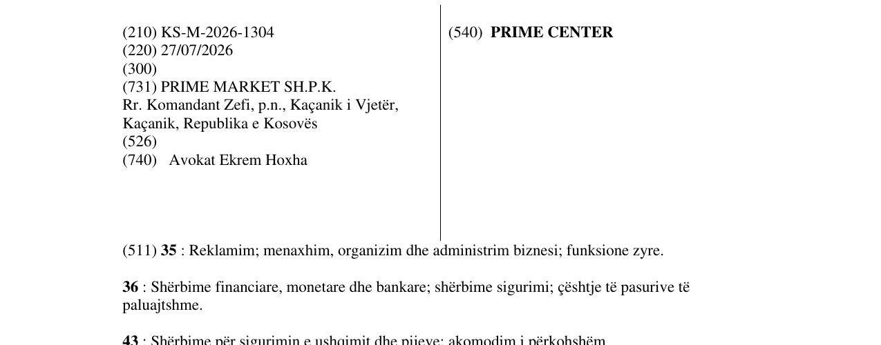 Zëri i markës PRIME CENTER në buletin