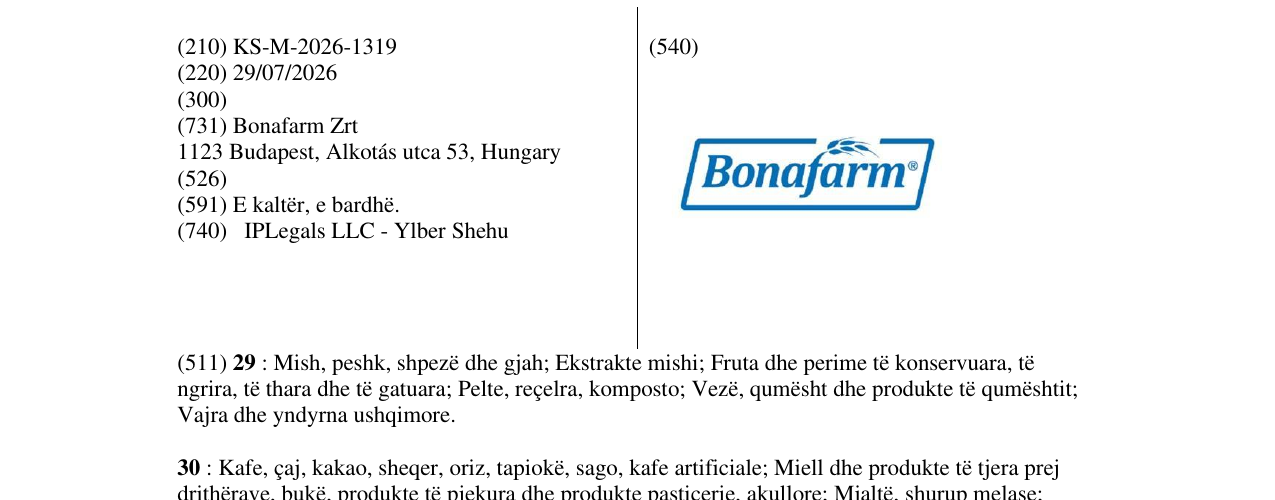 Zëri i markës KS/M/2026/1319 në buletin