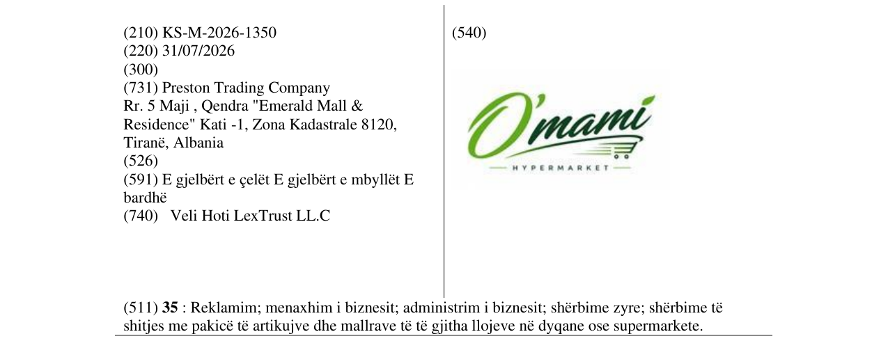 Zëri i markës KS/M/2026/1350 në buletin