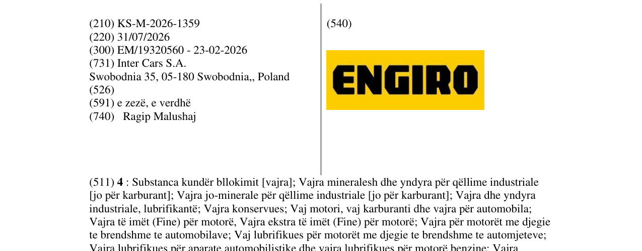 Zëri i markës KS/M/2026/1359 në buletin
