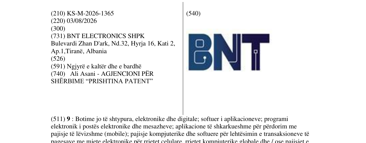 Zëri i markës KS/M/2026/1365 në buletin