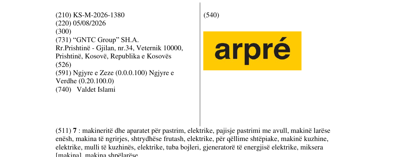 Zëri i markës KS/M/2026/1380 në buletin