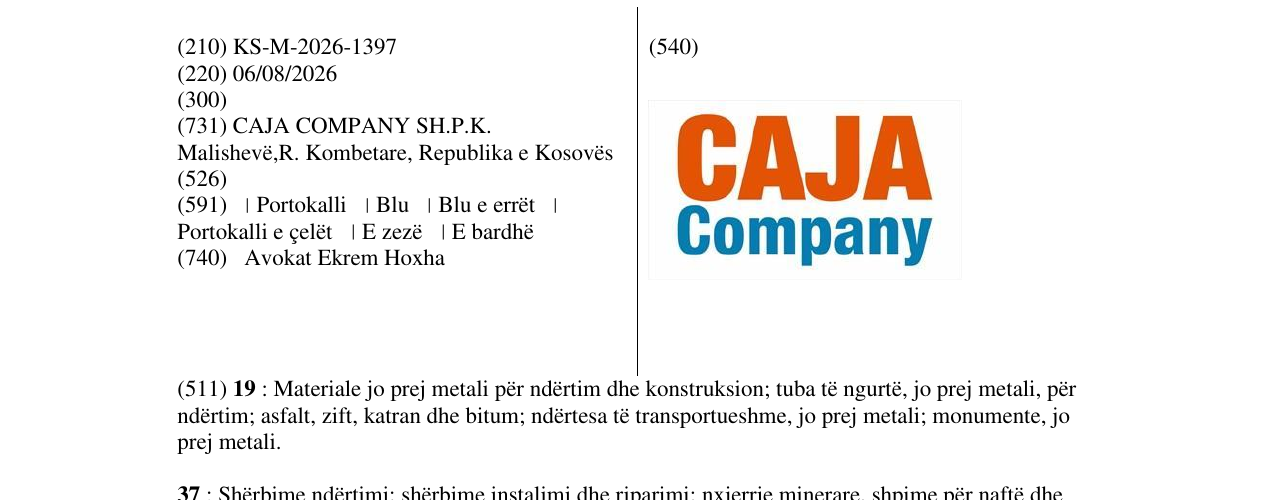 Zëri i markës KS/M/2026/1397 në buletin