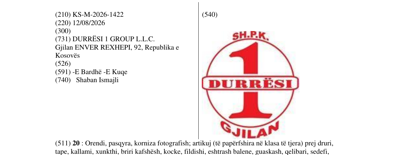 Zëri i markës KS/M/2026/1422 në buletin