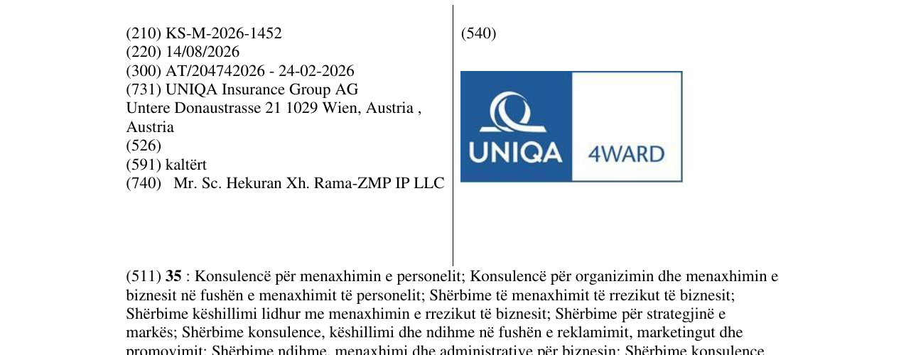 Zëri i markës KS/M/2026/1452 në buletin