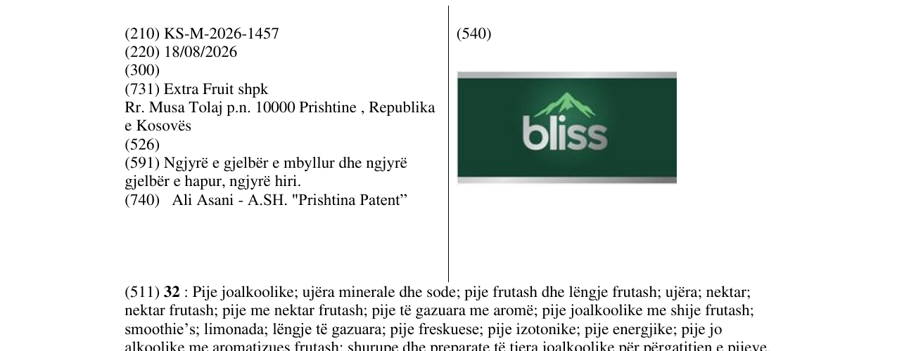Zëri i markës KS/M/2026/1457 në buletin