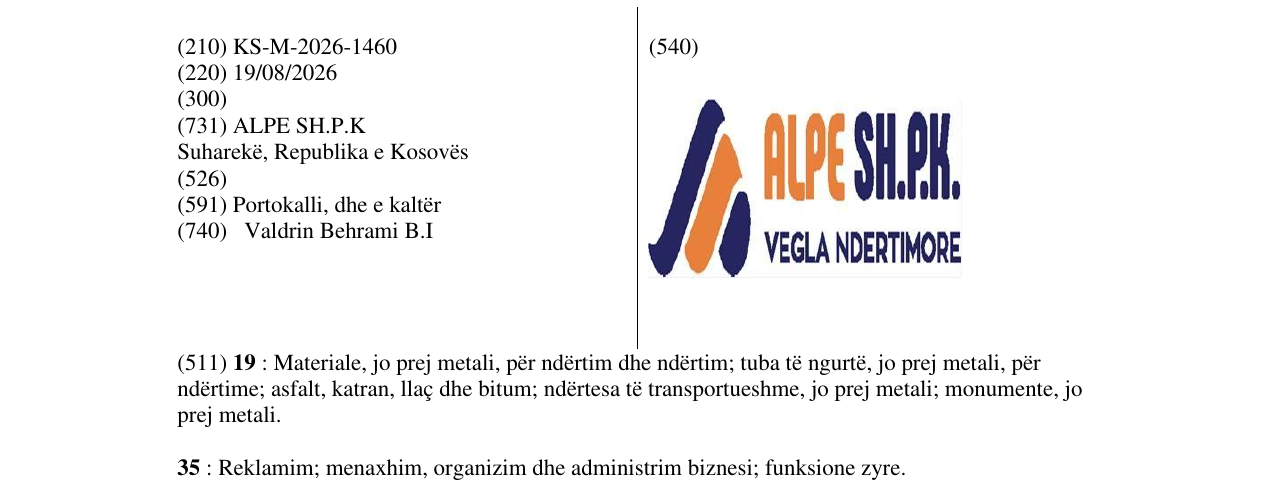 Zëri i markës KS/M/2026/1460 në buletin