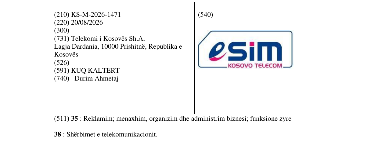 Zëri i markës KS/M/2026/1471 në buletin