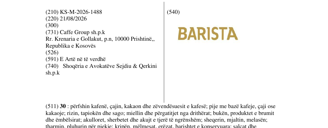 Zëri i markës KS/M/2026/1488 në buletin