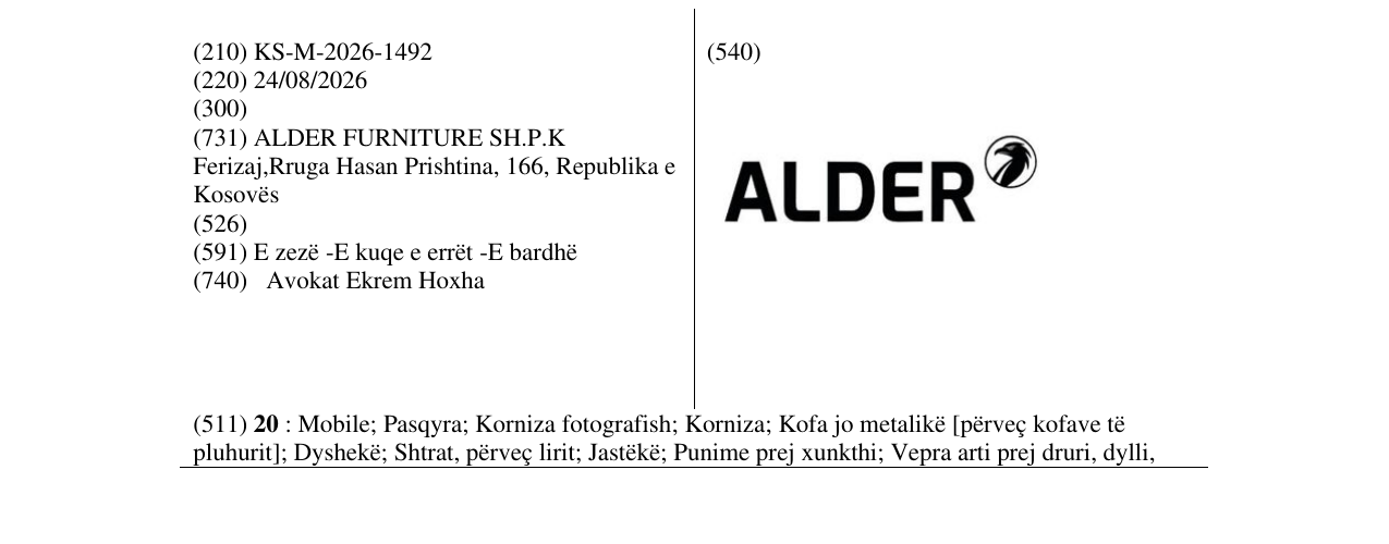 Zëri i markës KS/M/2026/1492 në buletin