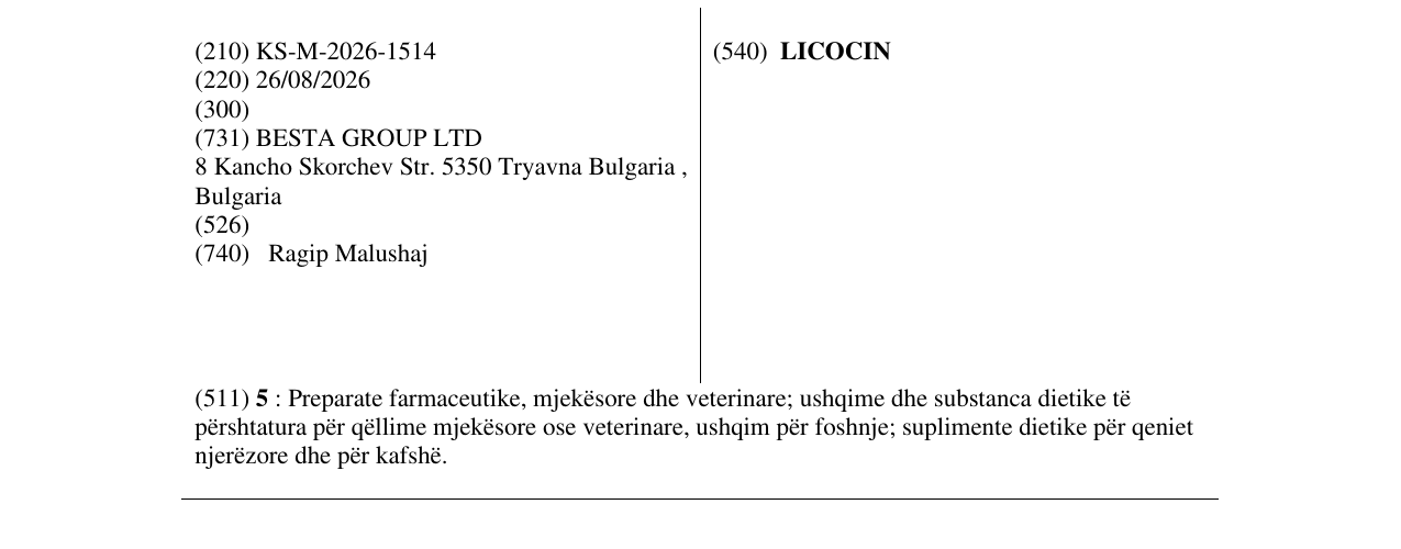 Zëri i markës LICOCIN në buletin