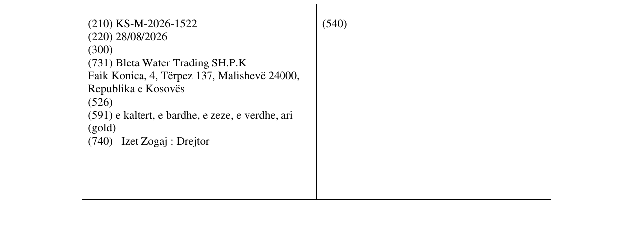Zëri i markës KS/M/2026/1522 në buletin