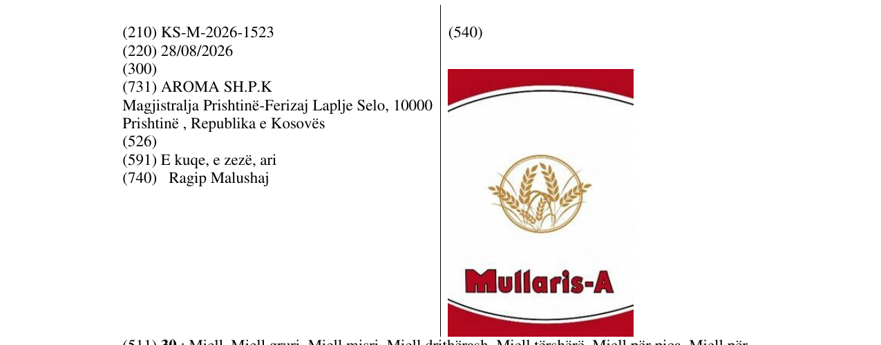 Zëri i markës KS/M/2026/1523 në buletin