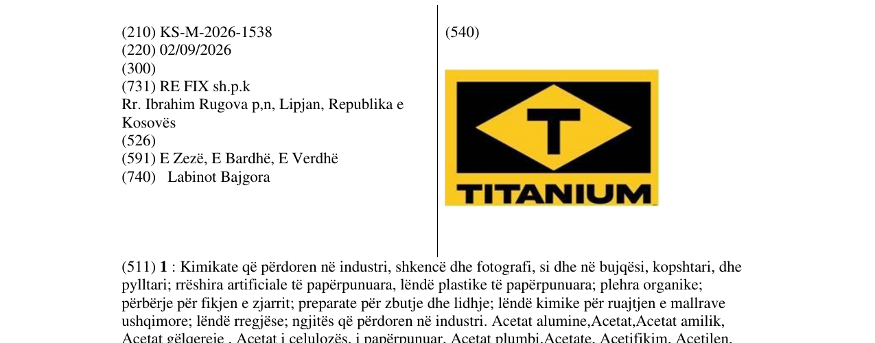 Zëri i markës KS/M/2026/1538 në buletin