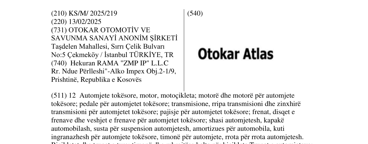 Der Eintrag der Marke Otokar Atlas im Bulletin