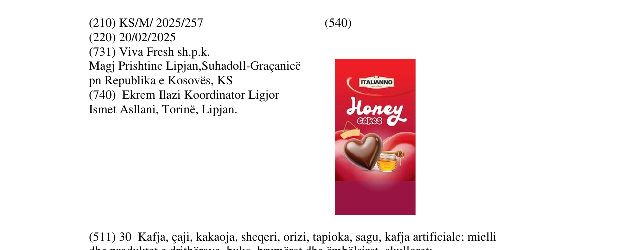 Zëri i markës Italianno Honey Cakes në buletin