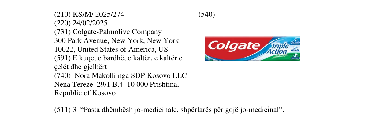 Zëri i markës Colgate Triple Action në buletin
