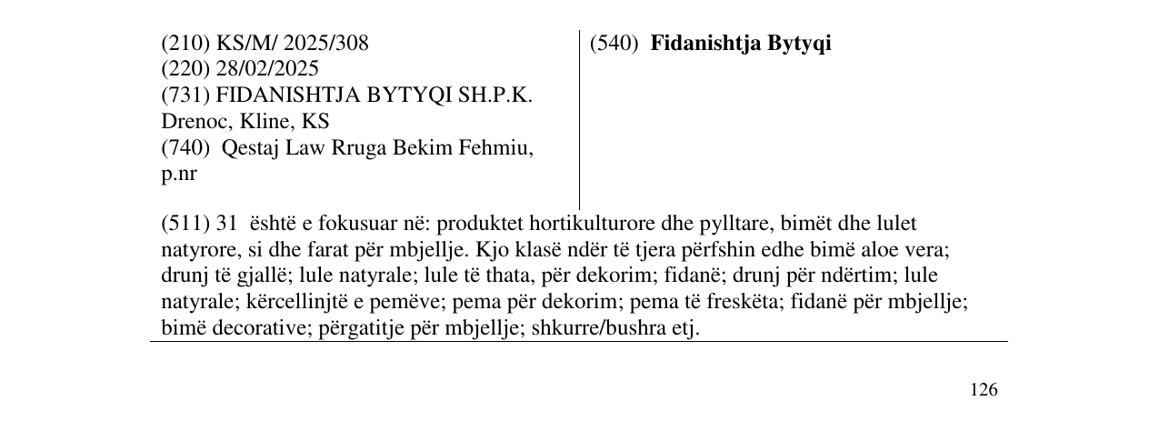 Zëri i markës Fidanishtja Bytyqi në buletin