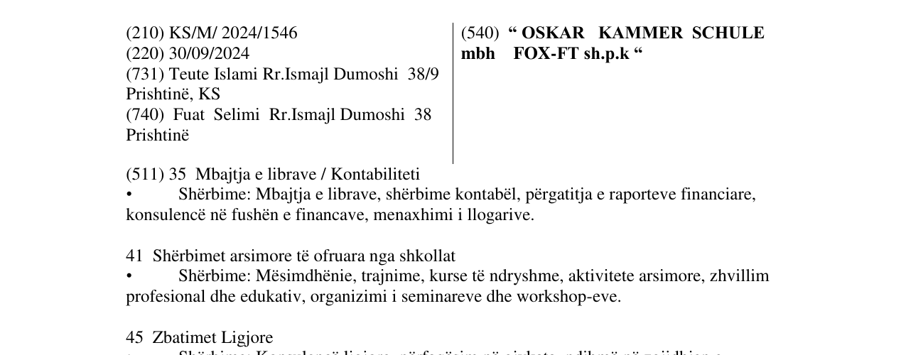 Zëri i markës “ OSKAR KAMMER SCHULE mbh FOX-FT sh.p.k “ në buletin