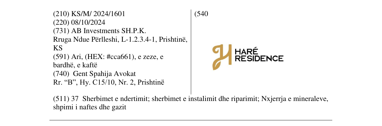 Zëri i markës HARE RESIDENCE në buletin