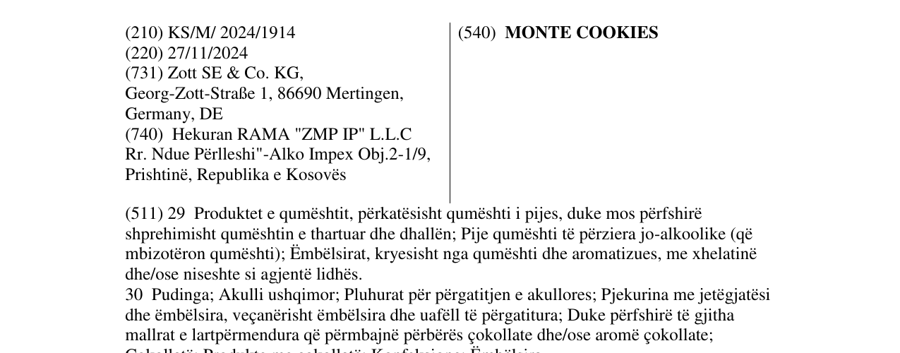Zëri i markës MONTE COOKIES në buletin