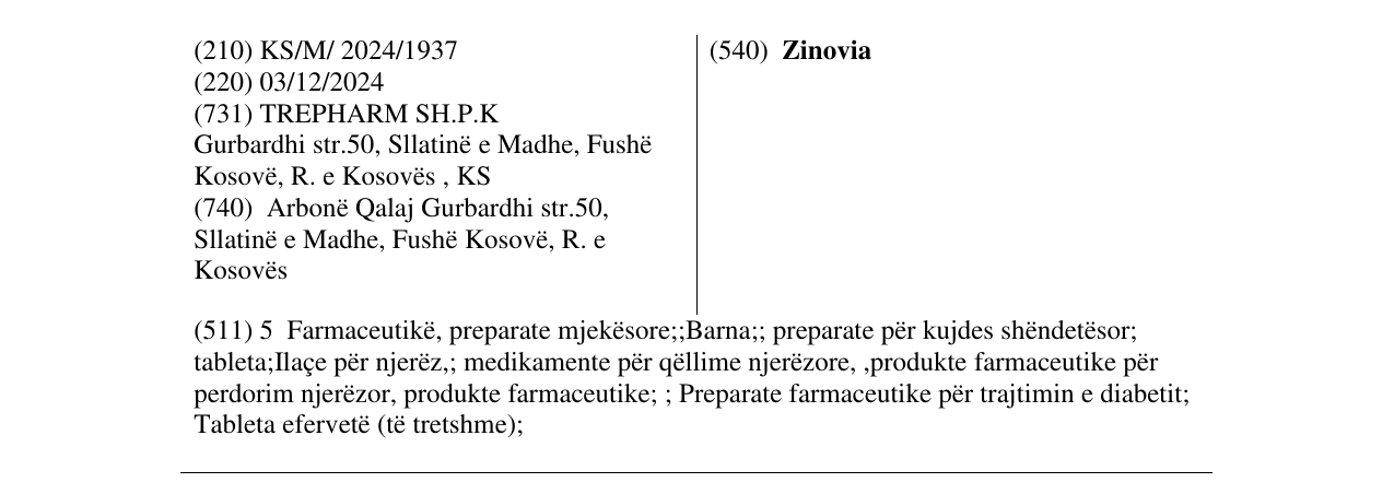 Zëri i markës Zinovia në buletin
