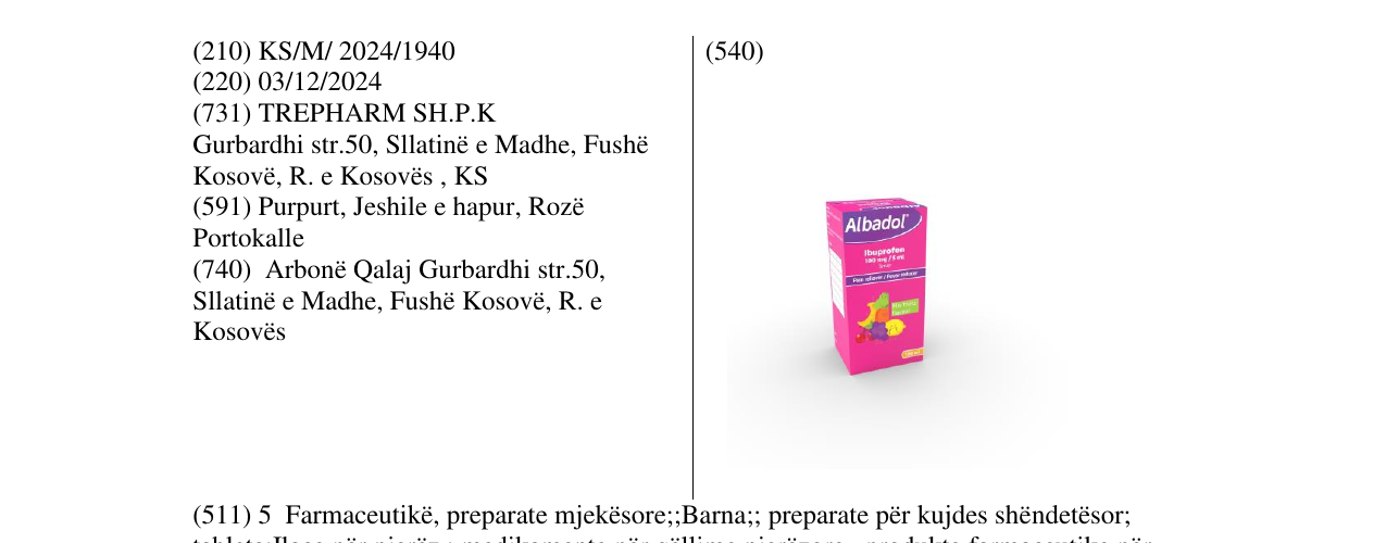 Zëri i markës Albadol 100mg /5ml në buletin