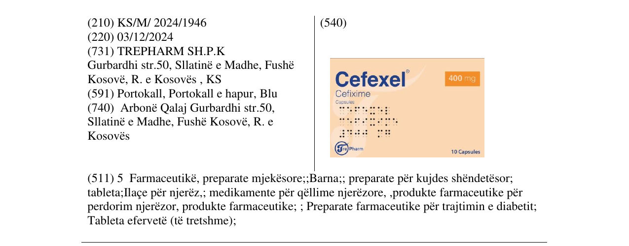 Zëri i markës Cefexel Cefixime 400mg në buletin