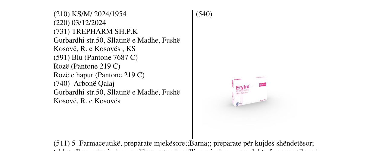 Zëri i markës Erytre Erythromycin 500mg në buletin