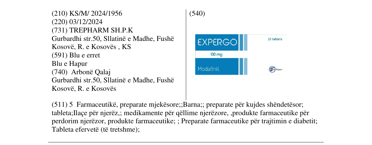 Zëri i markës EXPERGO Modafinil 100mg në buletin