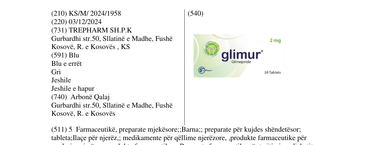 Zëri i markës glimur Glimepiride 2mg në buletin