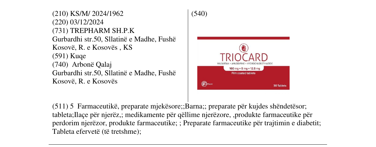 Zëri i markës TRIOCARD 160mg+5mg+12.5mg në buletin