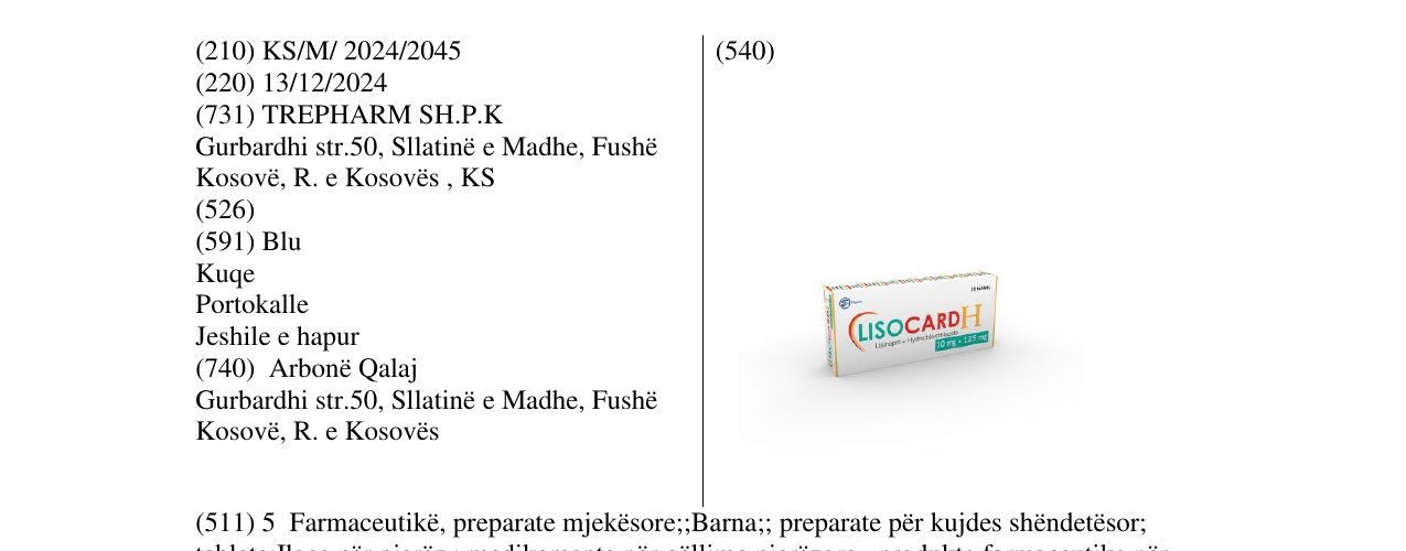 Zëri i markës LISOCARD H10mg+125mg në buletin