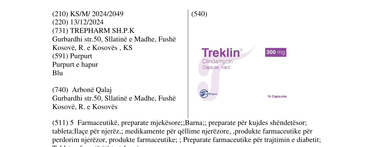 Zëri i markës Treklin 300mg në buletin