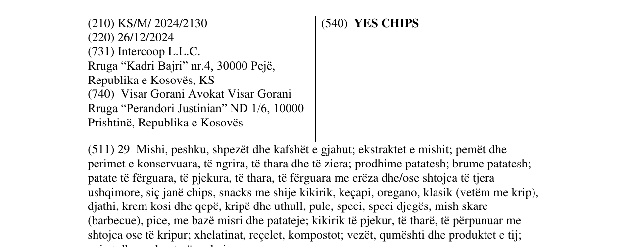 Zëri i markës YES CHIPS në buletin