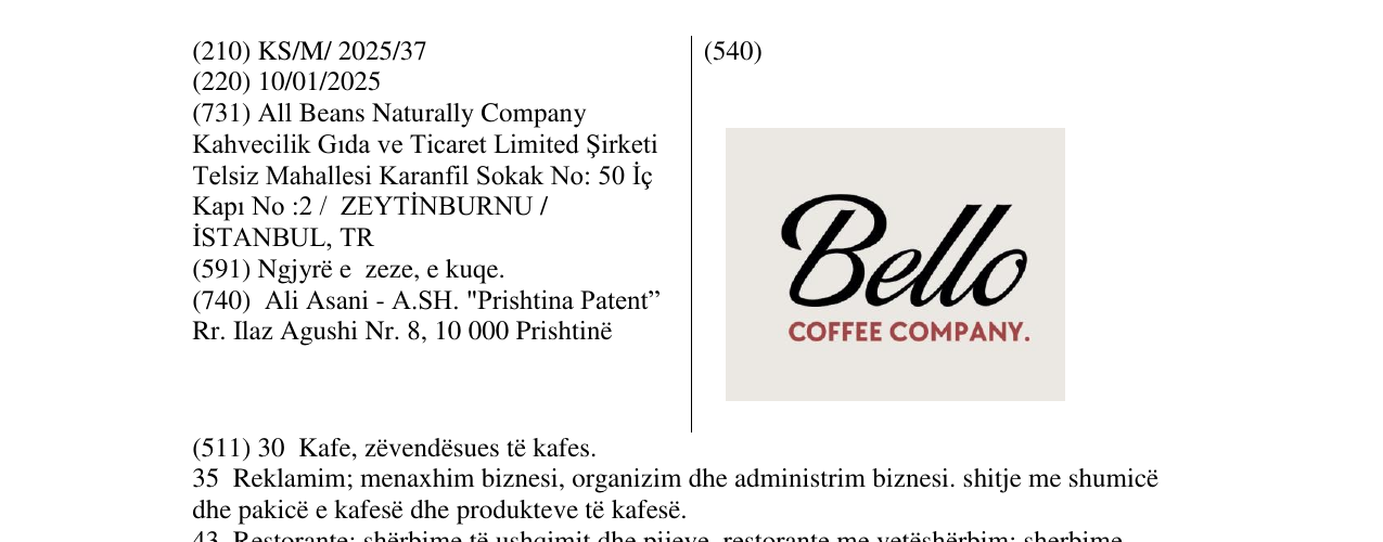 Zëri i markës Bello COFFEE COMPANY në buletin