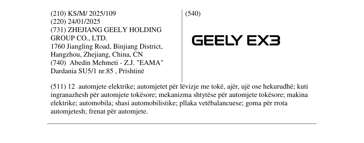 Zëri i markës GEELY EX3 në buletin