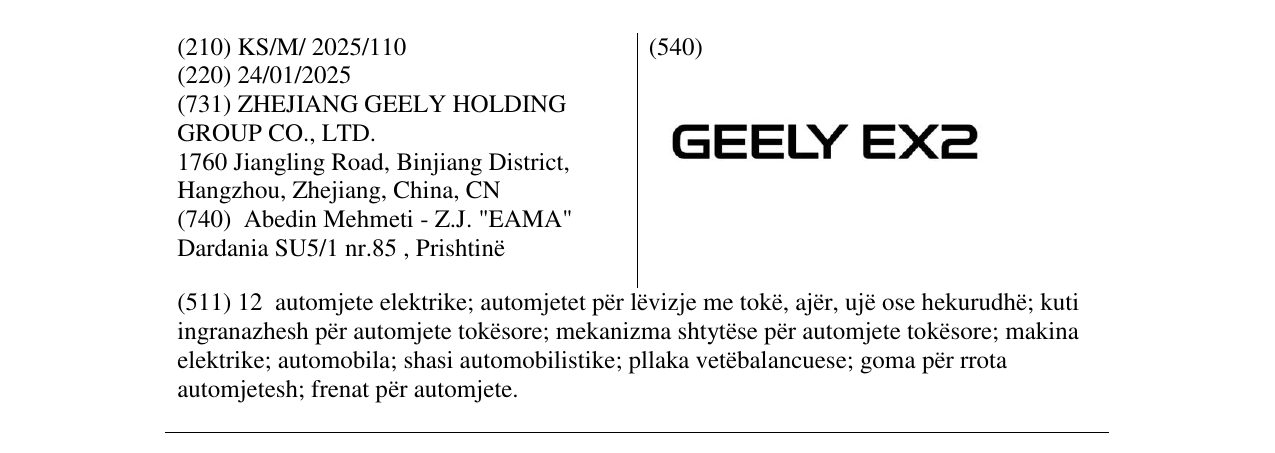 Zëri i markës GEELY EX2 në buletin