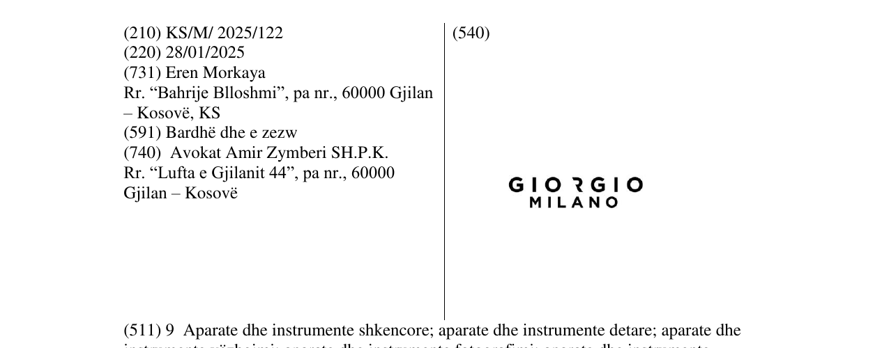 Zëri i markës GIORGIO MILANO në buletin